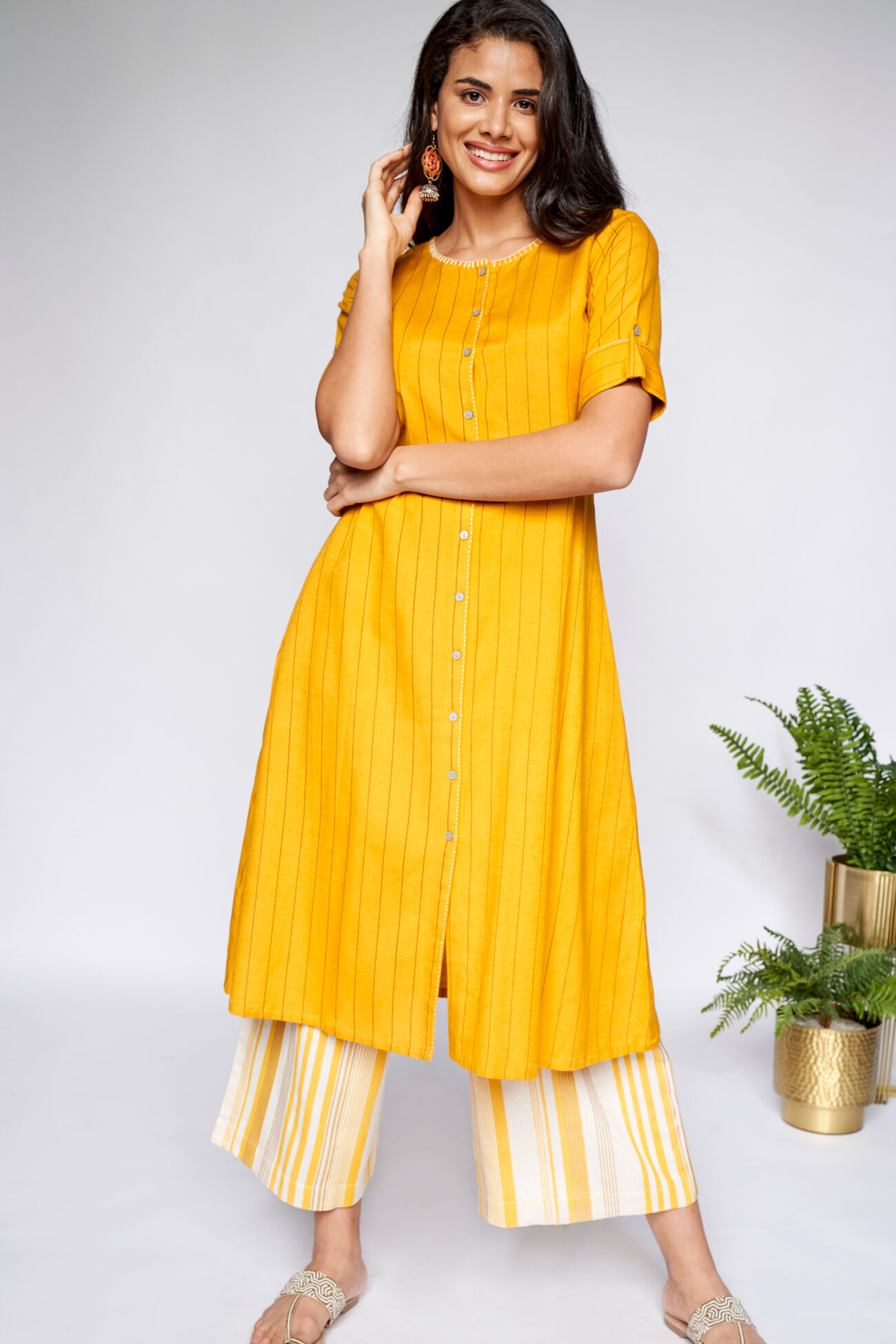 Mustard Regular A-Line Kurta, Mustard, image 1